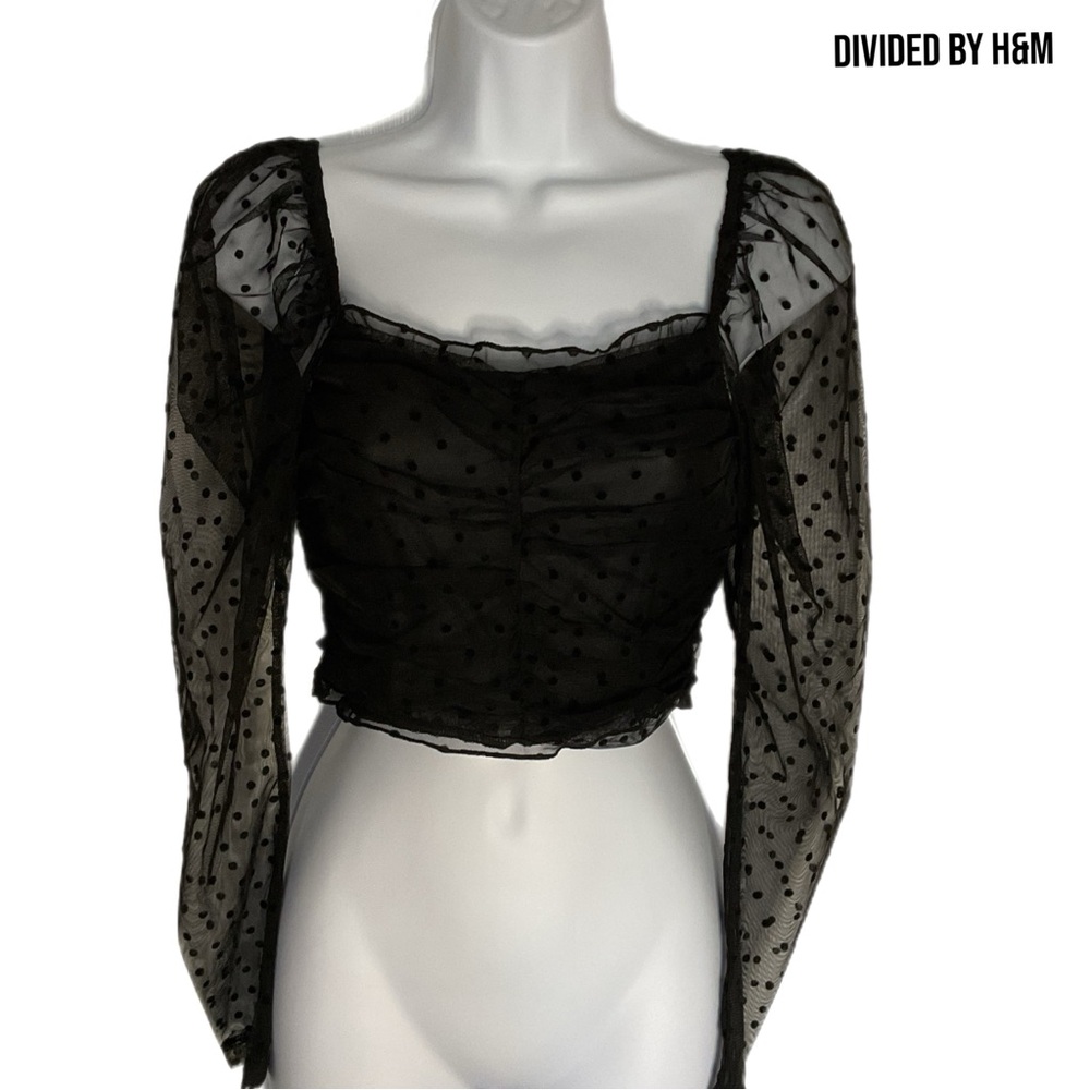 Divided H&M Womens S Black Crop Top Long Mesh Balloon Sleeves